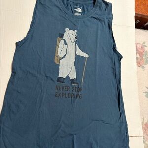 The North Face slate blue muscle tee shirt with bear design. Size Medium